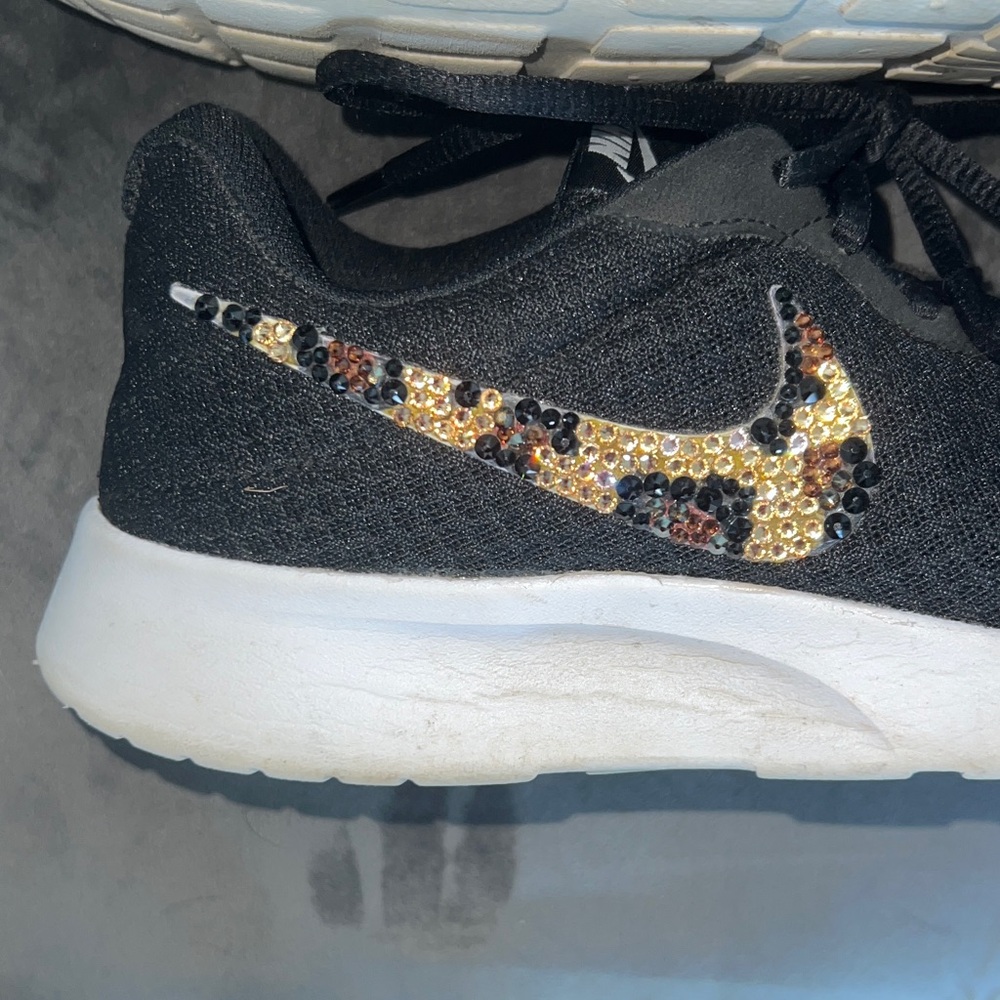 Rhinestone Nike Tanjun Black Sneakers with Animal Print Swoosh - Picture 5 of 10